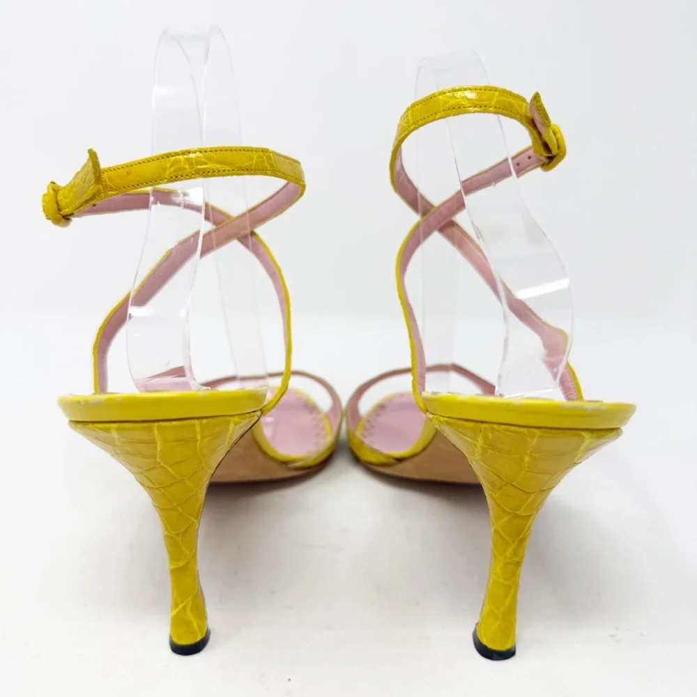 Manolo Blahnik Yellow Croc Embossed Strappy Sandals Pink Trim Womens Size EU 40